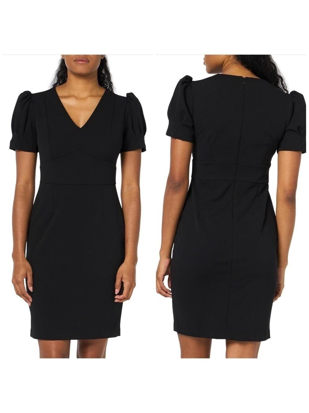 DKNY Black V-Neck Puff-Sleeve Midi Dress
